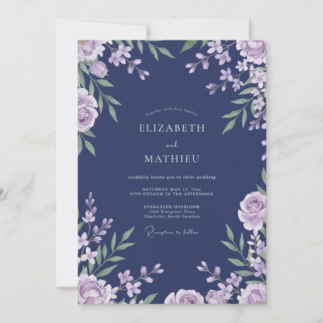 Convite Casamento com Folhagem Lilás Índigo e Salvia (Frente)