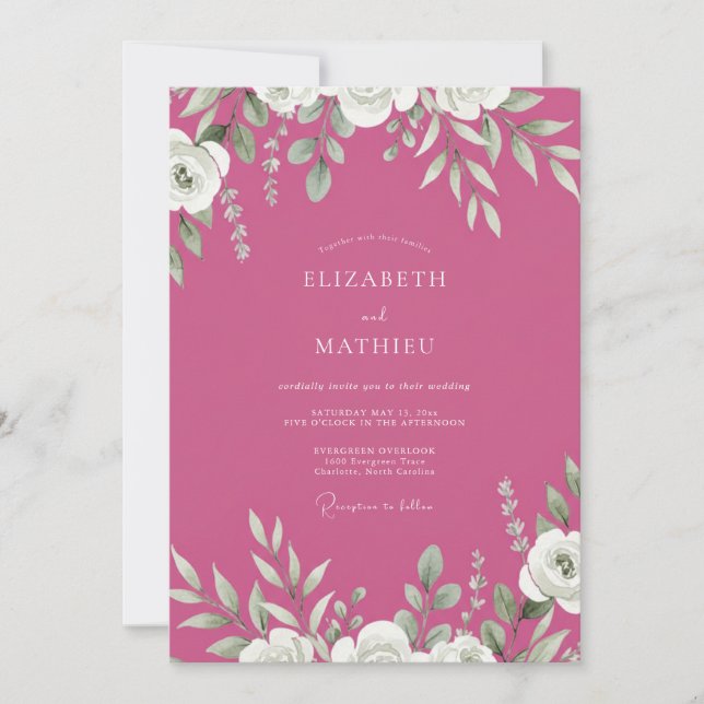 Convite Casamento com Folhagem Magenta e Eucalipto Cinza (Frente)