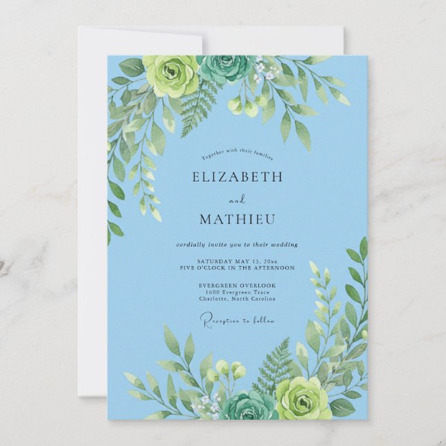 Convite Casamento com Folhagem Muted Eucalipto Céu Mint (Frente)