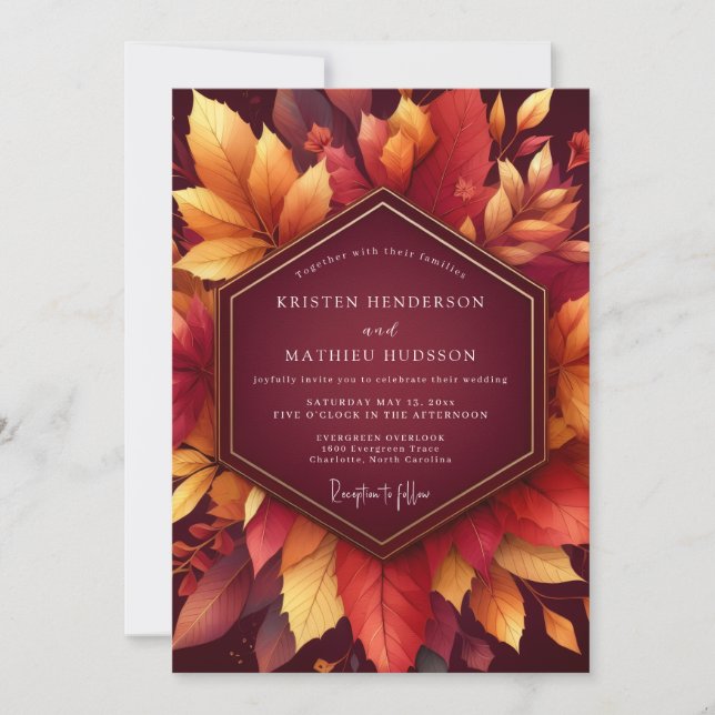 Convite Casamento com Folhagem Outonal Borgonha (Frente)