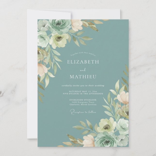 Convite Casamento com Folhagem Pintada à Mão em Seafoam Ar (Frente)
