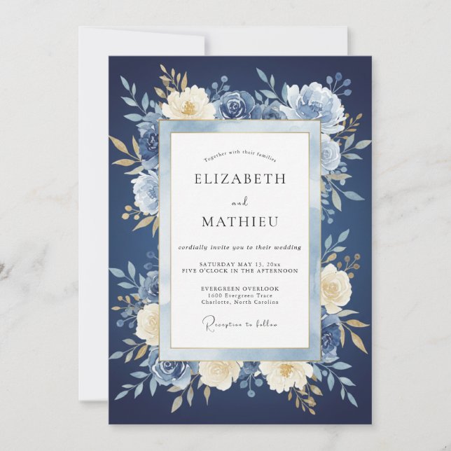 Convite Casamento com Folhagem Pintada à Meia-Noite (Frente)