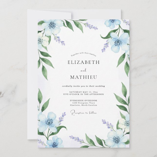 Convite Casamento com Folhagem Pintada Artística Azure (Frente)
