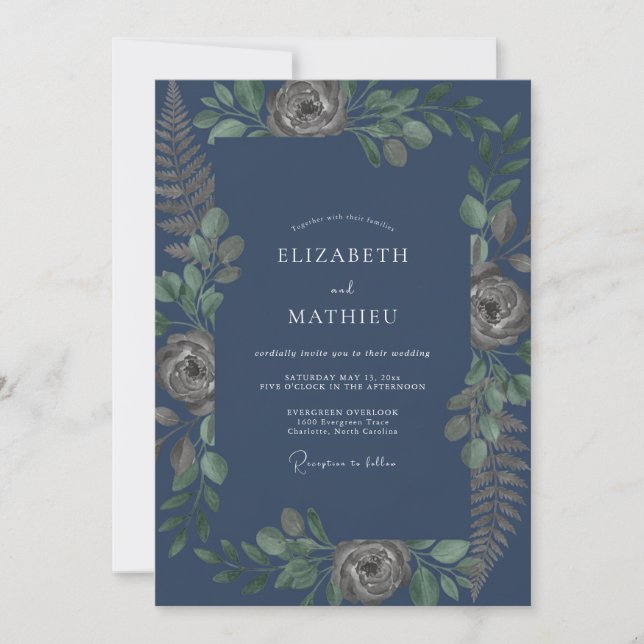 Convite Casamento com Folhagem Pintada de Aço (Frente)