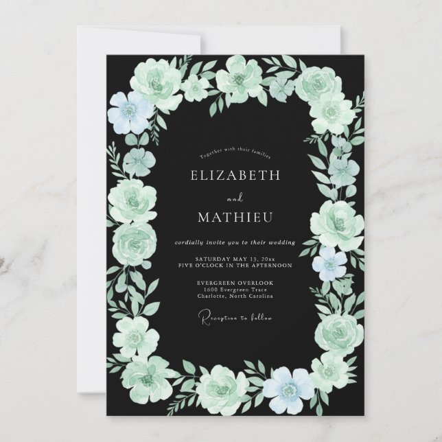 Convite Casamento com Folhagem Pintada de Aqua de Flor Sil (Frente)