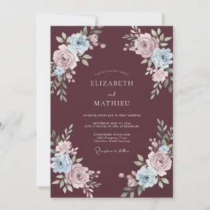 Convite Casamento com Folhagem Pintada de Ardósia Ameixa
