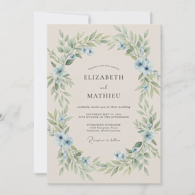 Convite Casamento com Folhagem Pintada de Azul (Frente)