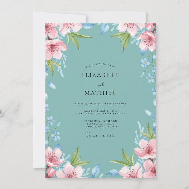 Convite Casamento com Folhagem Pintada de Azul Turquesa (Frente)