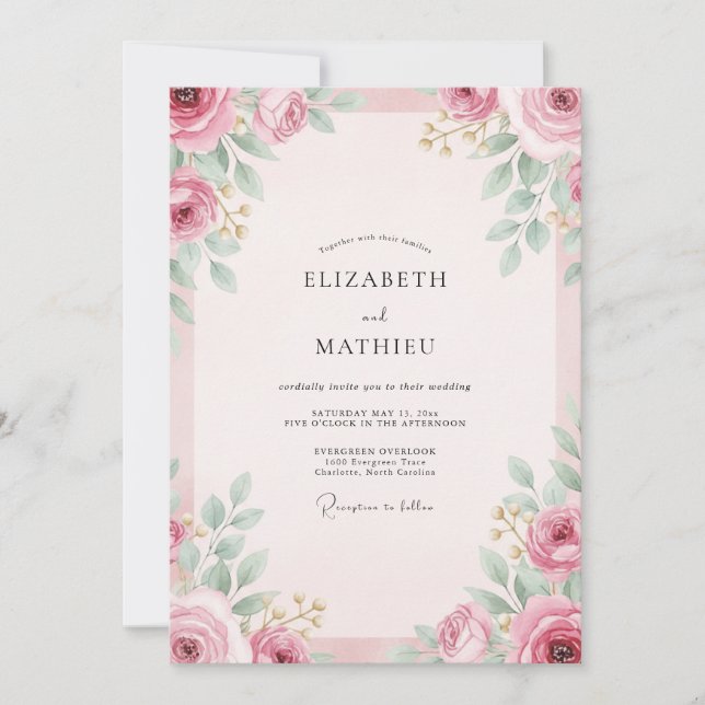 Convite Casamento com Folhagem Pintada de Bege Rosado (Frente)