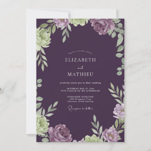 Convite Casamento com Folhagem Pintada de Berinjela