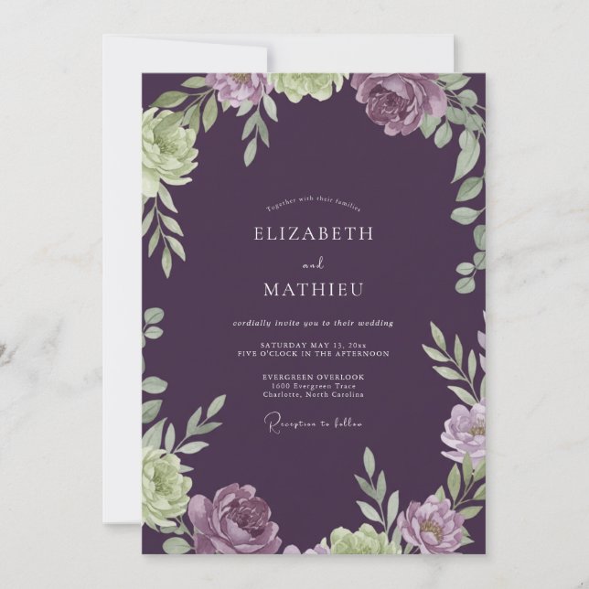 Convite Casamento com Folhagem Pintada de Berinjela (Frente)