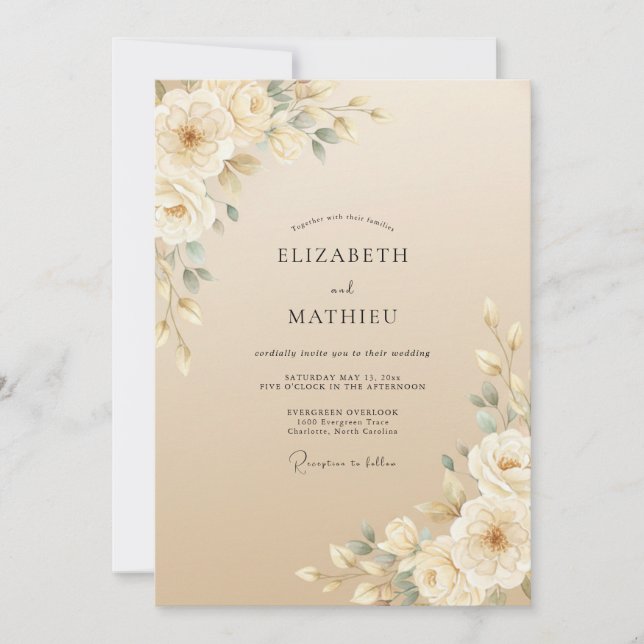 Convite Casamento com Folhagem Pintada de Champanhe (Frente)