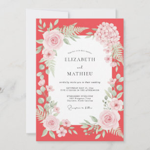 Convite Casamento com Folhagem Pintada de Coral Rosado