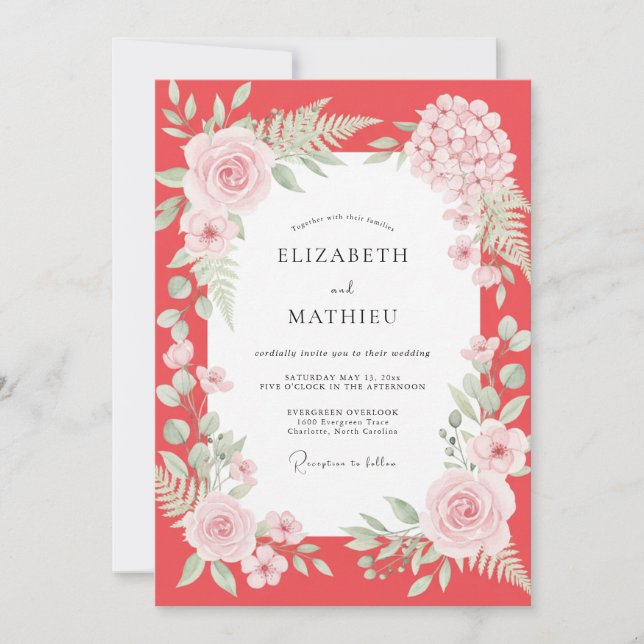 Convite Casamento com Folhagem Pintada de Coral Rosado (Frente)
