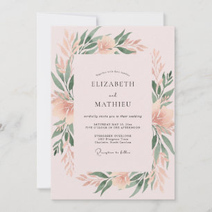 Convite Casamento com Folhagem Pintada de Coral Suave