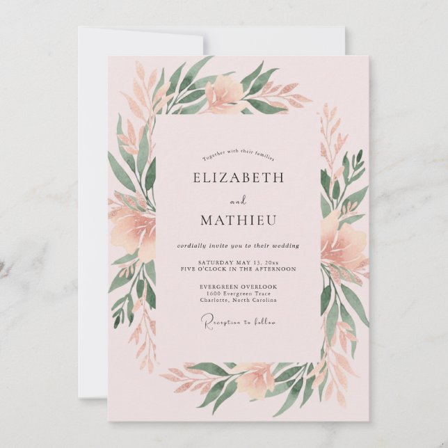 Convite Casamento com Folhagem Pintada de Coral Suave (Frente)