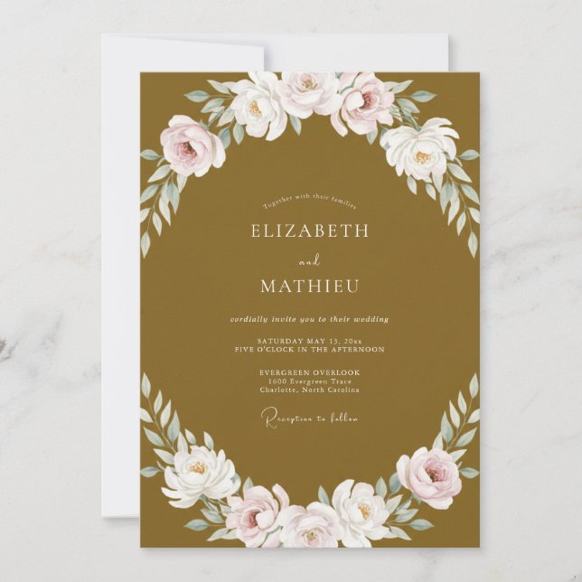 Convite Casamento com Folhagem Pintada de Dourado Mostarda (Frente)