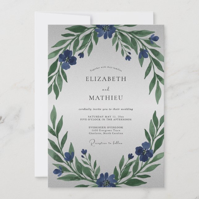 Convite Casamento com Folhagem Pintada de Índigo (Frente)