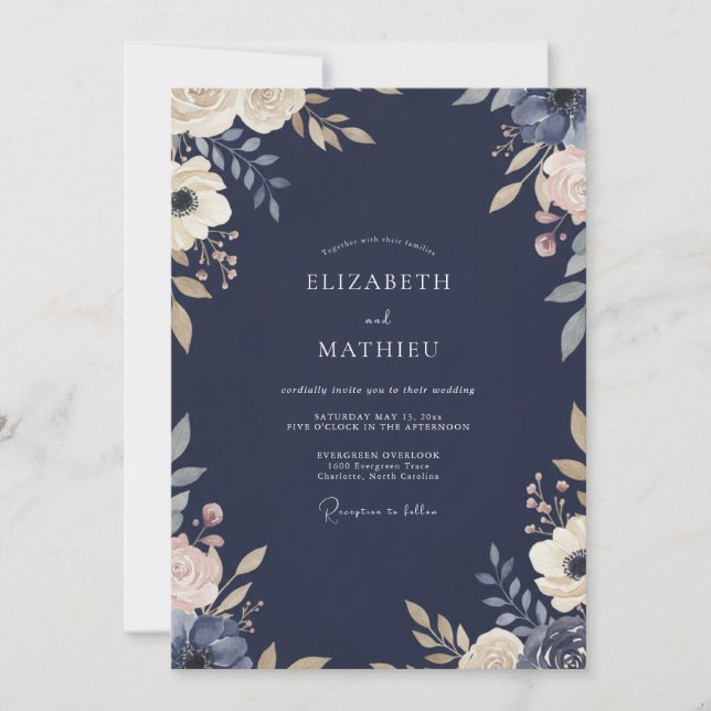 Convite Casamento com Folhagem Pintada de Índigo à Meia-No (Frente)
