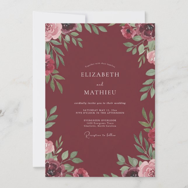 Convite Casamento com Folhagem Pintada de Marsala (Frente)