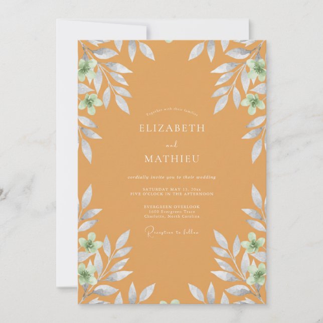 Convite Casamento com Folhagem Pintada de Ocre (Frente)