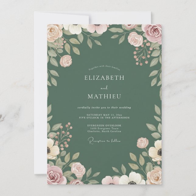 Convite Casamento com Folhagem Pintada de Oliva (Frente)