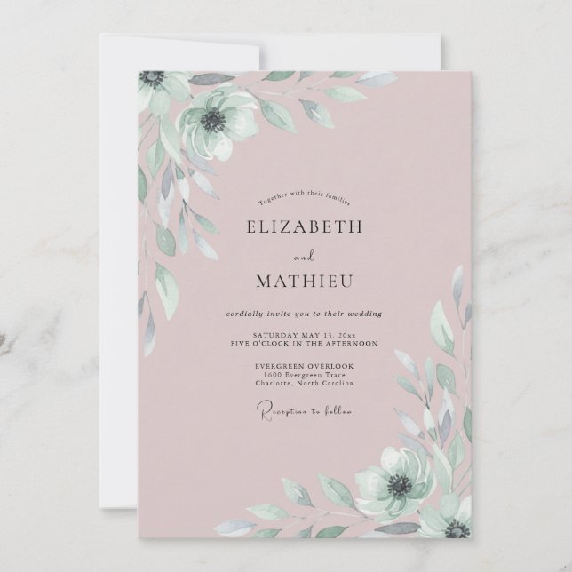Convite Casamento com Folhagem Pintada de Rosado (Frente)