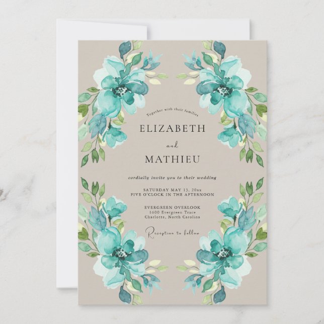 Convite Casamento com Folhagem Pintada de Turquesa (Frente)