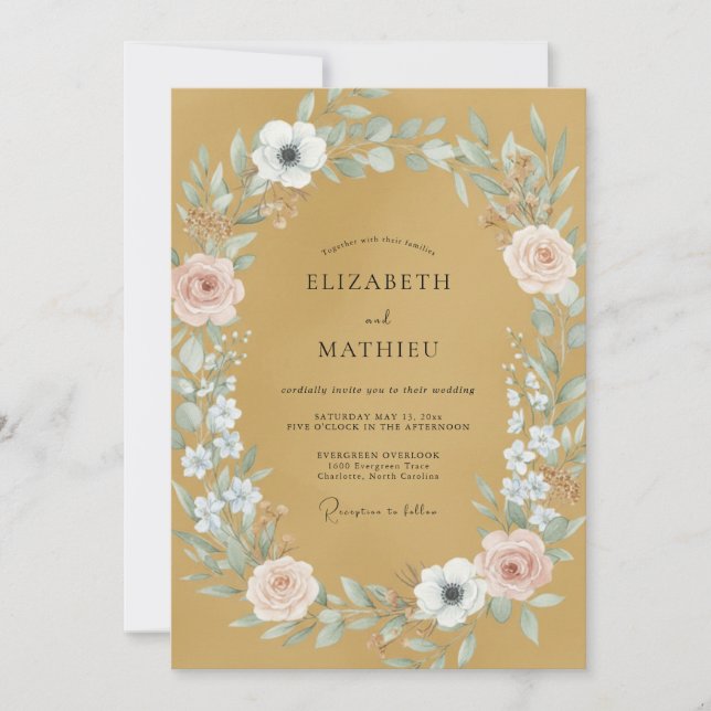 Convite Casamento com Folhagem Pintada em Âmbar (Frente)