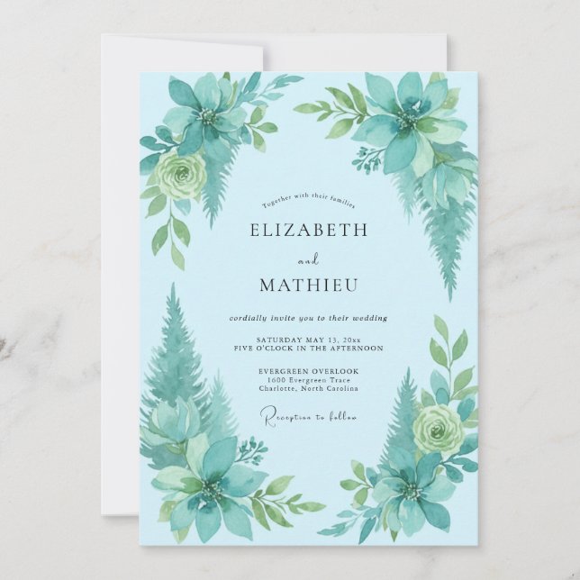 Convite Casamento com Folhagem Pintada em Aqua (Frente)
