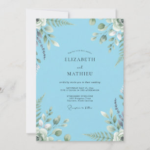 Convite Casamento com Folhagem Pintada em Azul Luxo