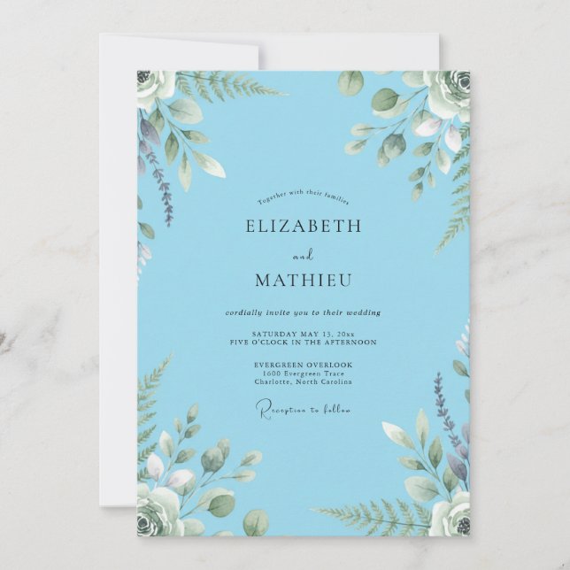 Convite Casamento com Folhagem Pintada em Azul Luxo (Frente)