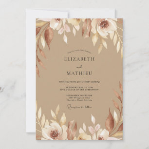Convite Casamento com Folhagem Pintada em Bege