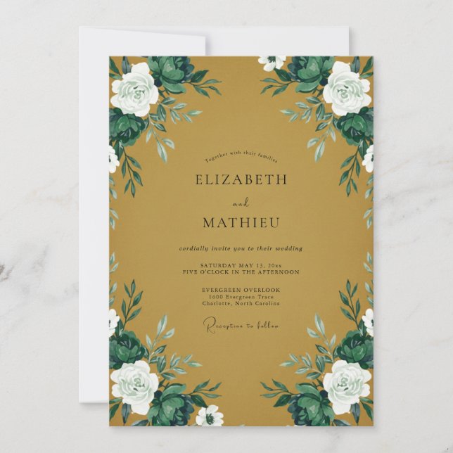 Convite Casamento com Folhagem Pintada em Ocre Celestial (Frente)
