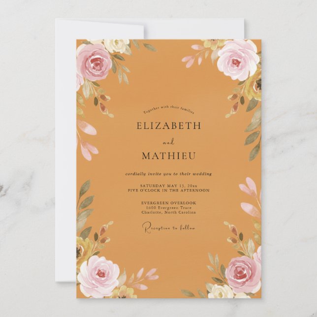 Convite Casamento com Folhagem Pintada em Ocre Dourado (Frente)