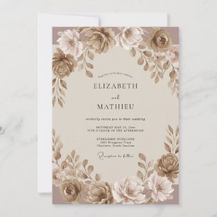 Convite Casamento com Folhagem Pintada em Taupe Moderno