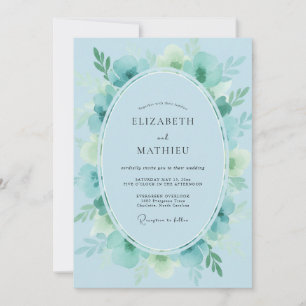 Convite Casamento com Folhagem Pintada Luxo Aqua