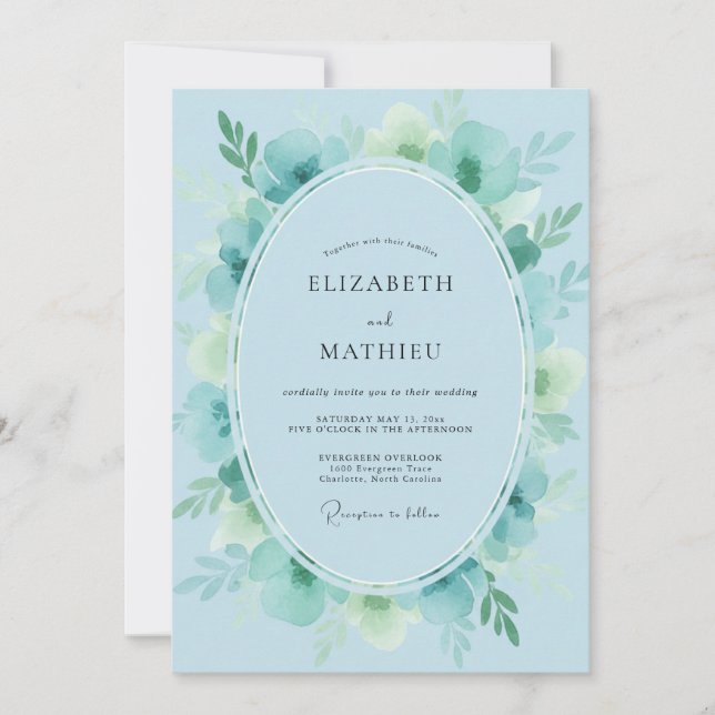 Convite Casamento com Folhagem Pintada Luxo Aqua (Frente)