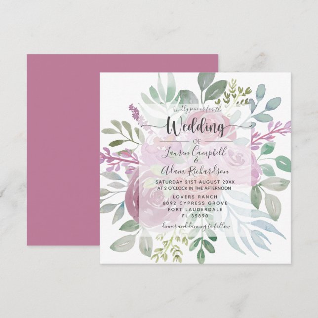 Convite Casamento com Folhagem Rosa Burgundy Floral (Frente/Verso)