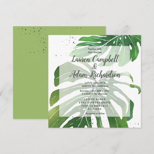 Convite Casamento com Folhagem Tropical de Monstera em Aqu (Frente/Verso)