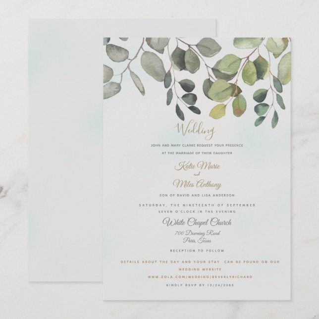 Convite Casamento com Folhagem Turquesa Empoeirada e Site  (Frente/Verso)