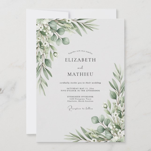 Convite Casamento com Folhagem Verde Salvia (Frente)