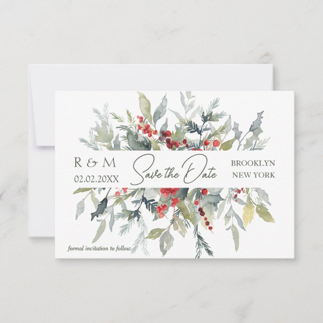 Convite Casamento com Folhagem Vermelha Berries Greenery S (Frente)