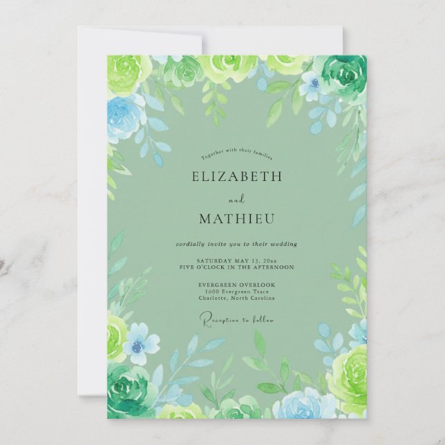 Convite Casamento com Folhas Aqua Turquesa Pintadas à Mão (Frente)