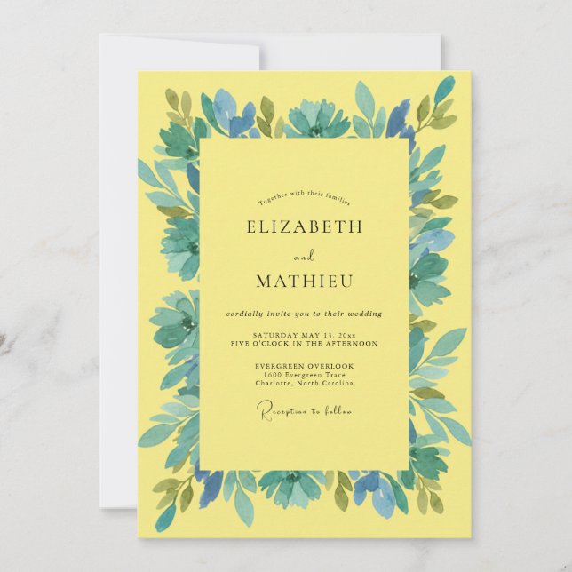 Convite Casamento com Folhas Aquáticas Amarelas (Frente)