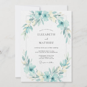 Convite Casamento com Folhas Aquáticas Cian