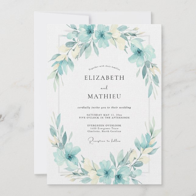 Convite Casamento com Folhas Aquáticas Cian (Frente)