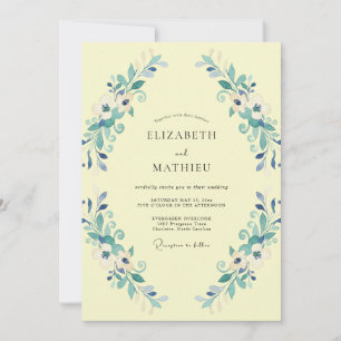 Convite Casamento com Folhas Aquáticas em Amarelo Pálido