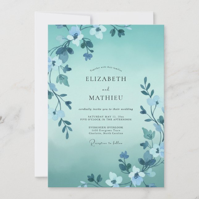 Convite Casamento com Folhas Aquáticas Pintadas à Mão (Frente)
