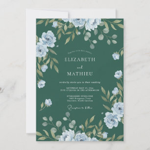 Convite Casamento com Folhas Azul-Esverdeado Escuro Vintag